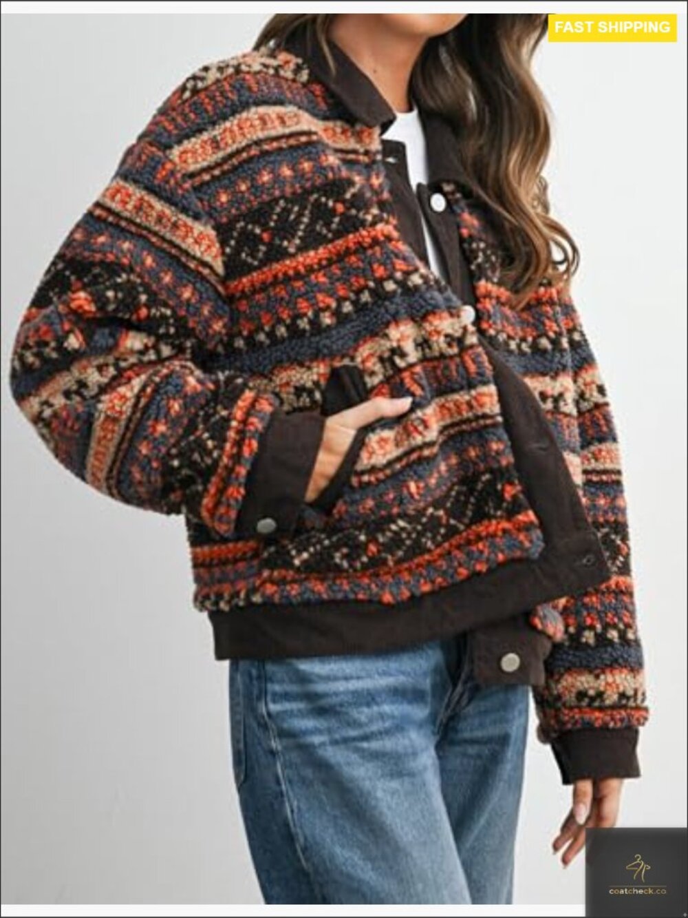 Floral Sherpa Jacket Open Front Denim Collar Oversized Fleece Outerwear Pockets - Picture 3 of 7